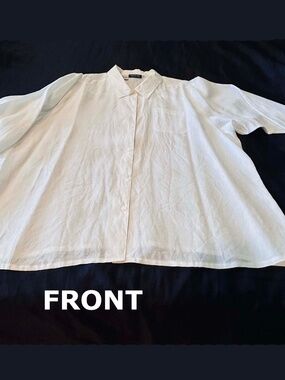 TUNIC, 100% LINEN, WHITE, SIZE 26W, SHIRT COLLAR, FRONT BUTTONS, ¾ SLEEVES, POCK